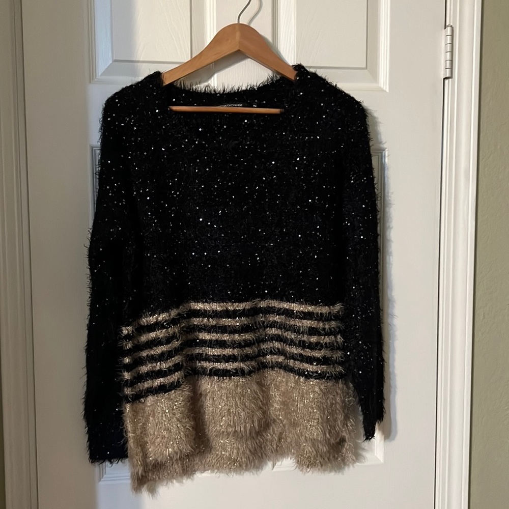 Foreign Exchange Long Sleeve Shaggy Sparkle Two Tone Sweater